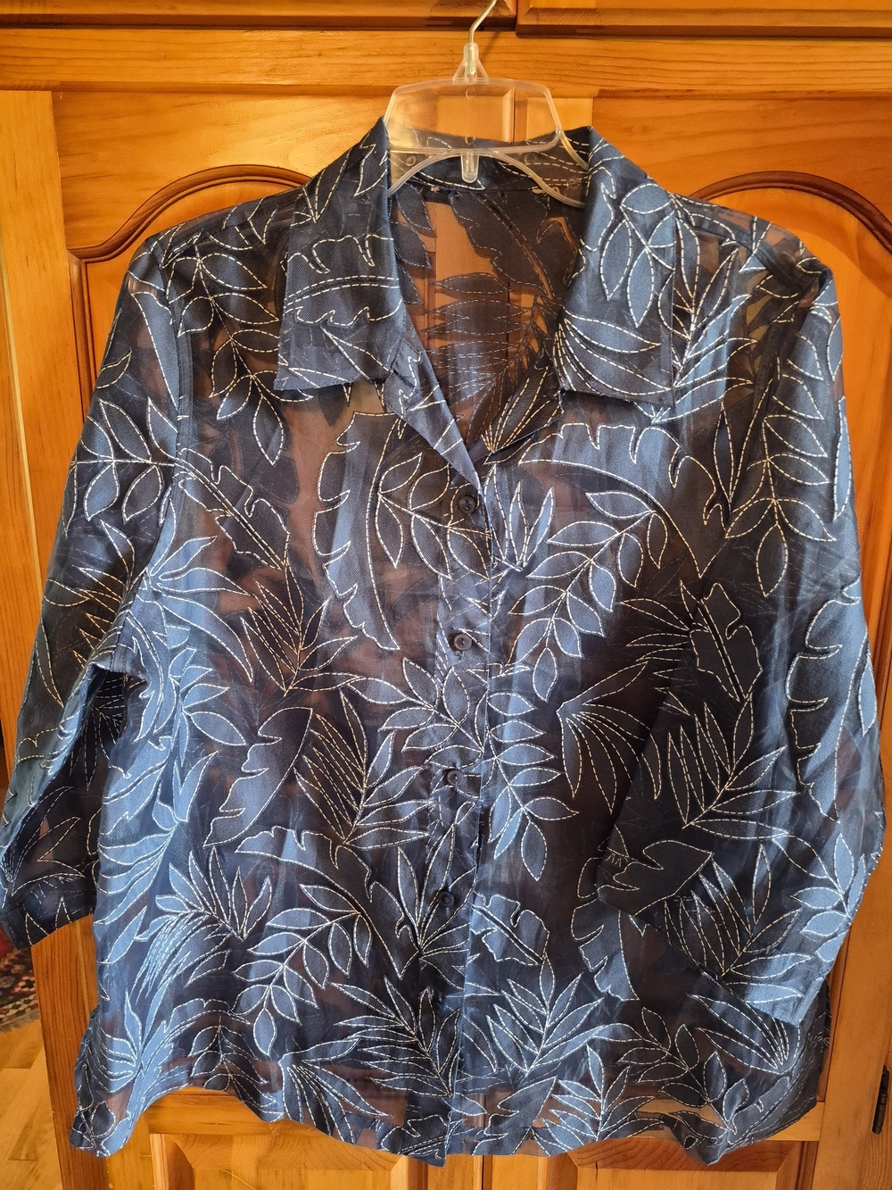 TanJay Blue Sheer Tropical Leaf Button-Up Blouse Size XL 24 Inches Pit To Pit